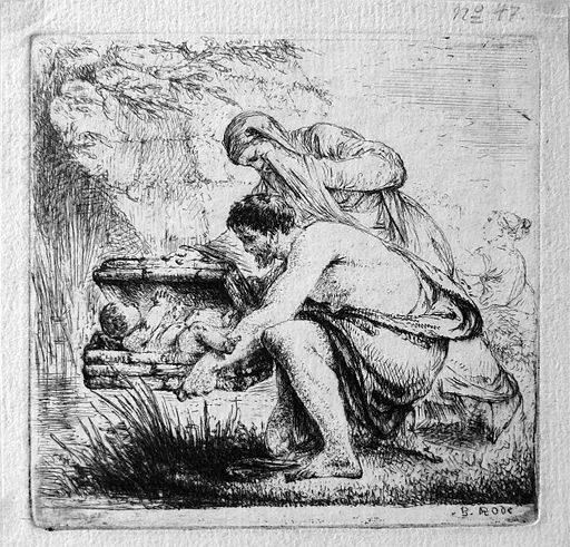 Moses Set Out on the Nile in a Reed Basket. Engraving by Bernhard Rode, ca. 1775; photo accessed via Wikimedia Commons.